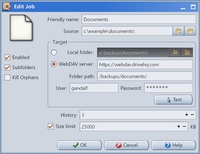 Screenshot of the window where the settings for a backup job can be edited.