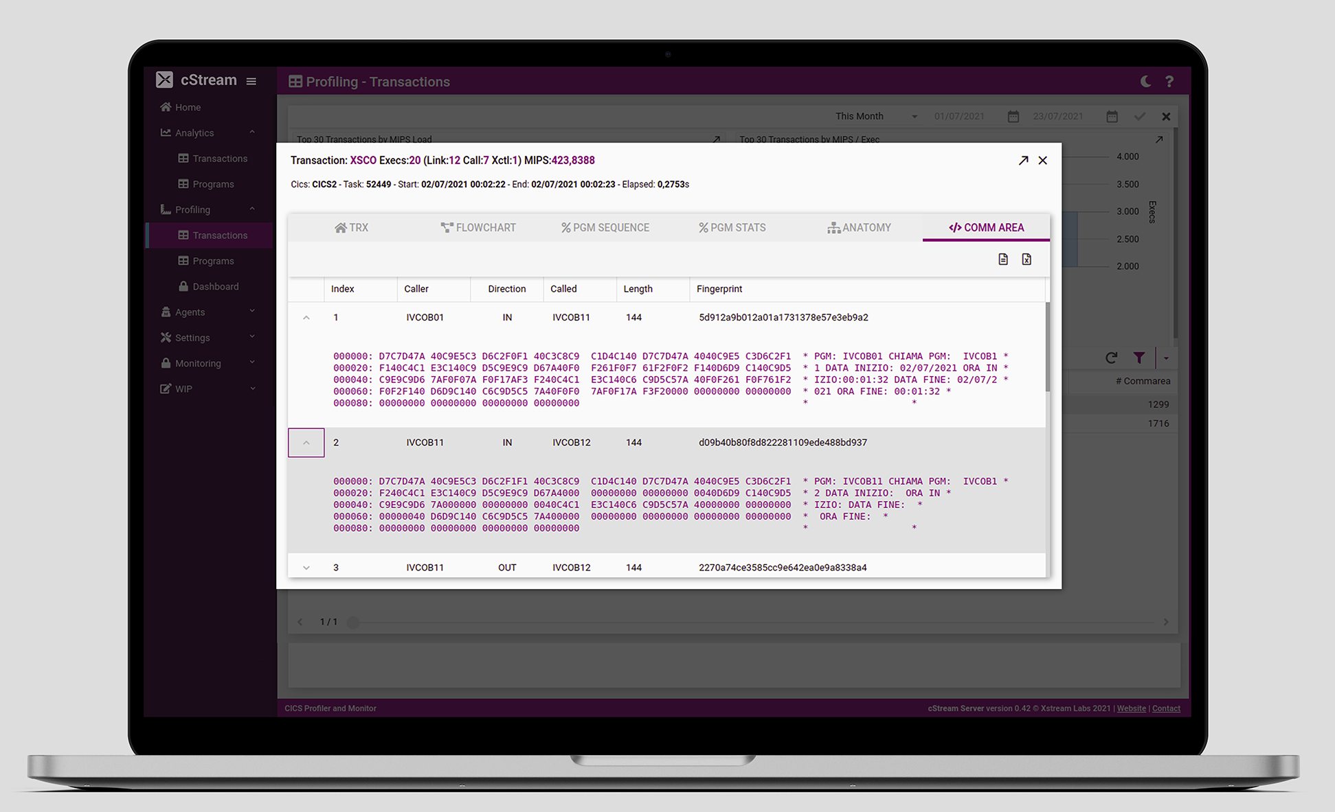 Screenshot of Transaction Commareas