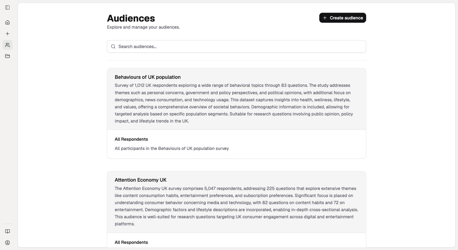 Screenshot of Audiences are built from real survey data and can be explored and segmented before you ask a question.