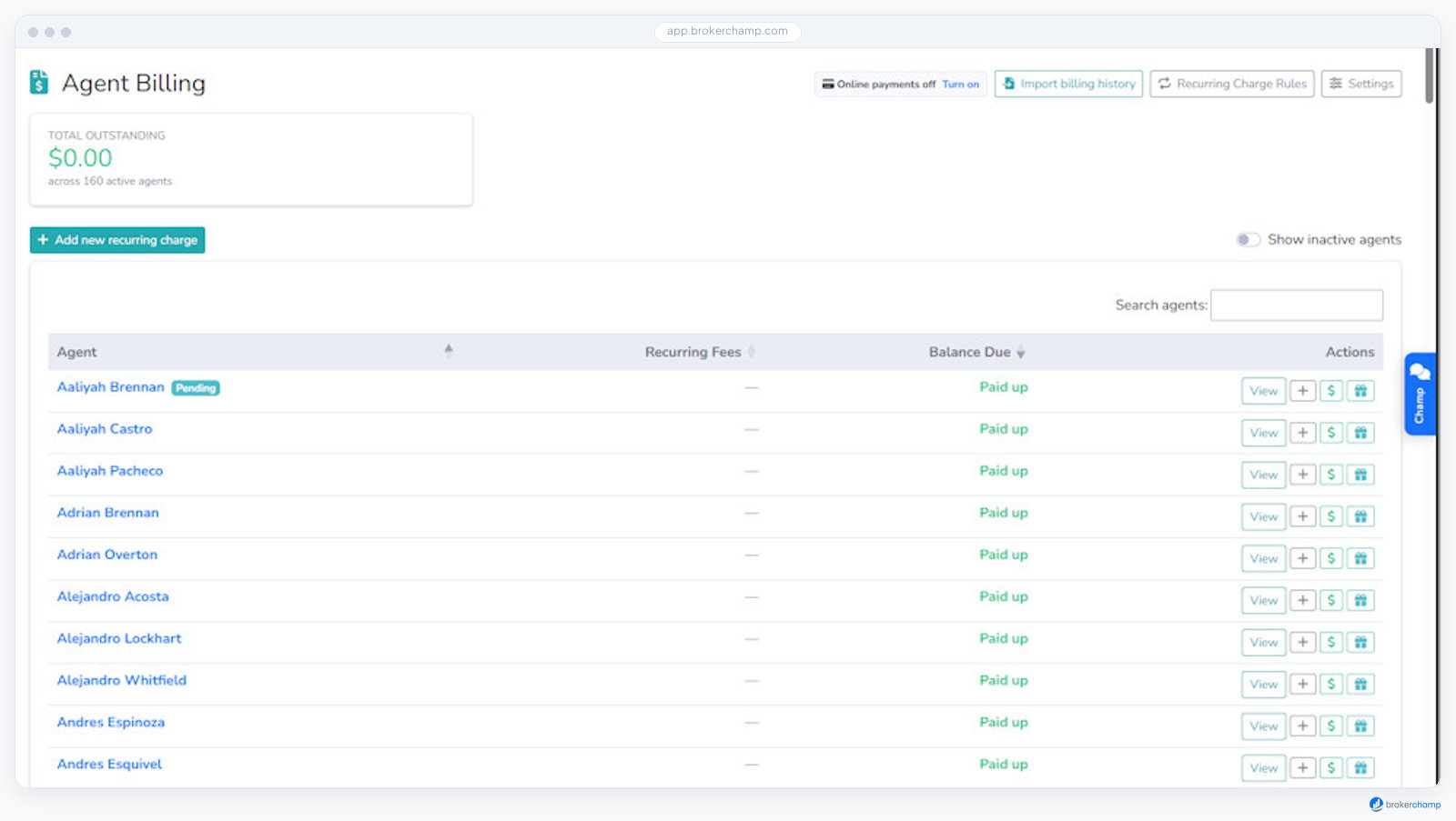 Screenshot of Agent billing ledger with statements, late fees, and autopay.