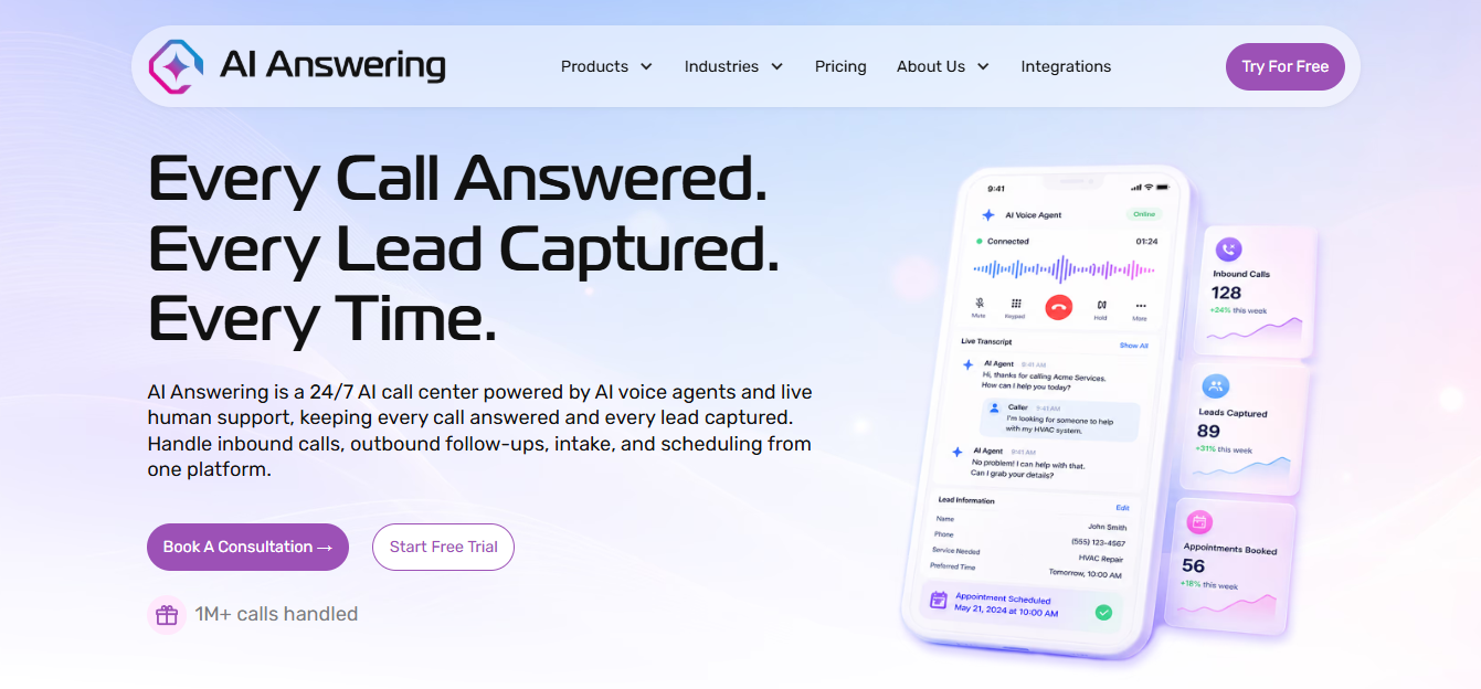 Screenshot of AI Answering homepage showcasing its 24/7 AI call center, inbound and outbound call handling, lead capture, appointment scheduling, live call transcripts, and AI voice agent dashboard.