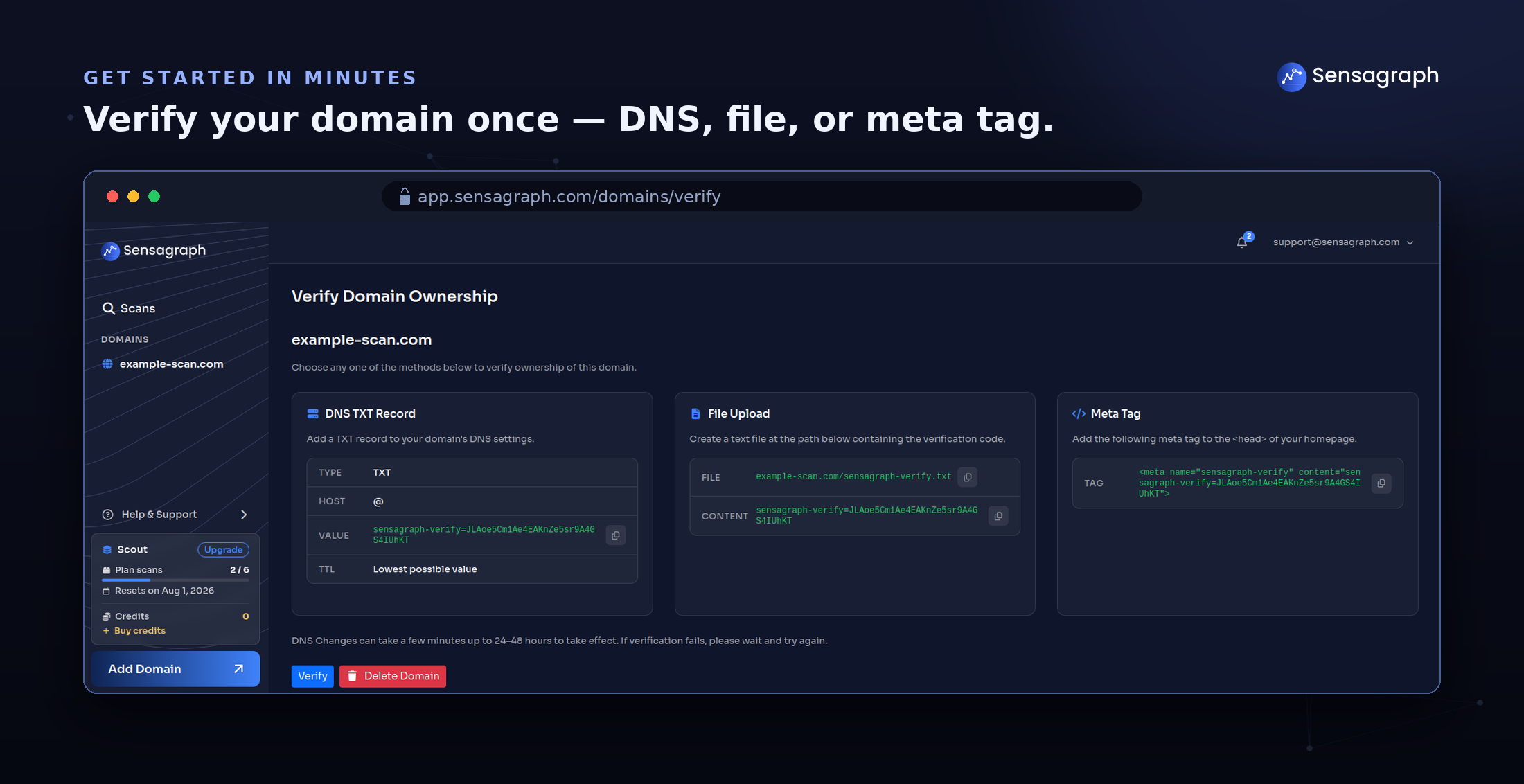 Screenshot of Domain Verification Screen