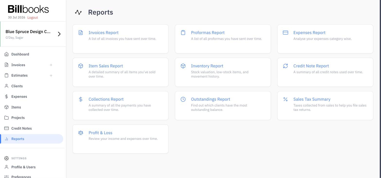 Screenshot of the centralized reports dashboard in billbooks featuring ten essential business reports, including collections, outstandings, expenses, inventory, and profit & loss, giving you quick access to key financial insights.