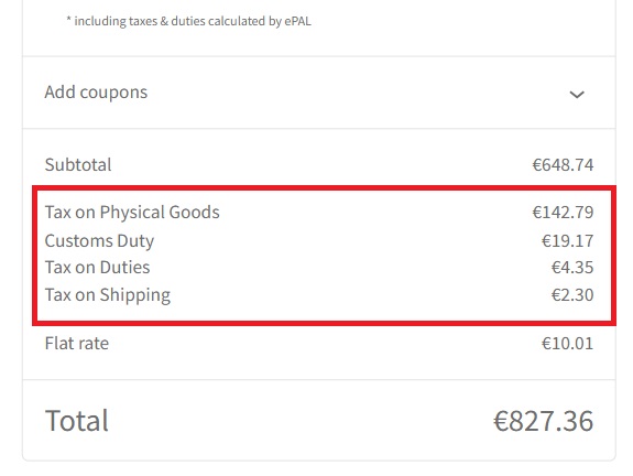 Screenshot of Example basket showing the basket-level tax & customs duty calculation