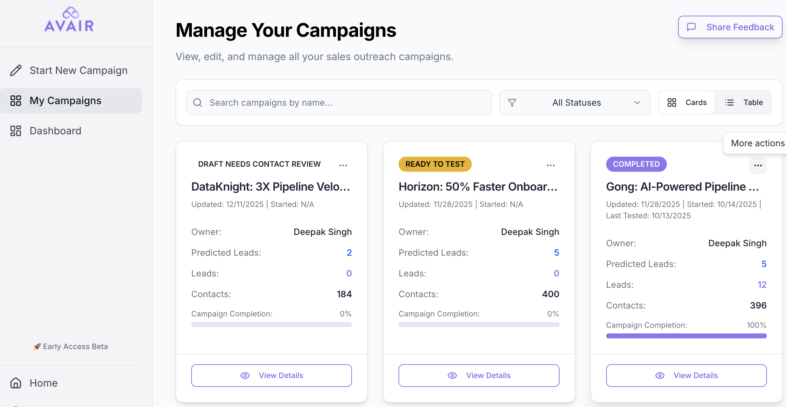 Screenshot of Manage Campaigns Page