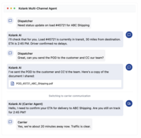 Screenshot of the Kolank AI agent for freight brokers, used to automate repetitive operational work in brokerage teams.