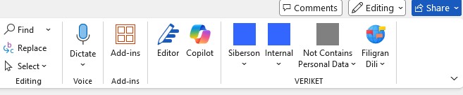 Screenshot of Siberson Veriket Data Classification integrates directly with the Microsoft Office ribbon, providing users with convenient access to data classification and labeling capabilities while working with documents. The integration enables classification to become part of the normal document workflow without requiring users to switch applications.