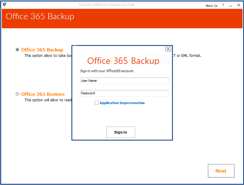 Screenshot of Office 365 Backup