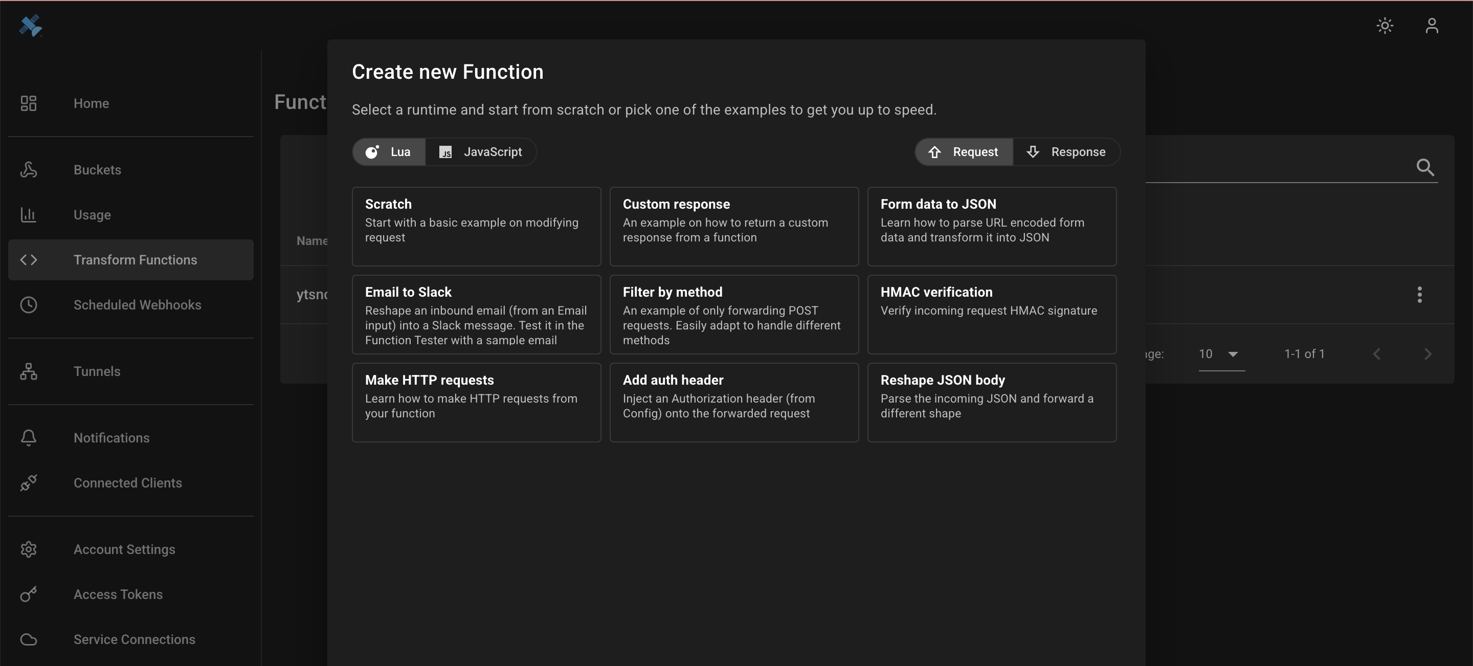 Screenshot of create webhook transformation functions