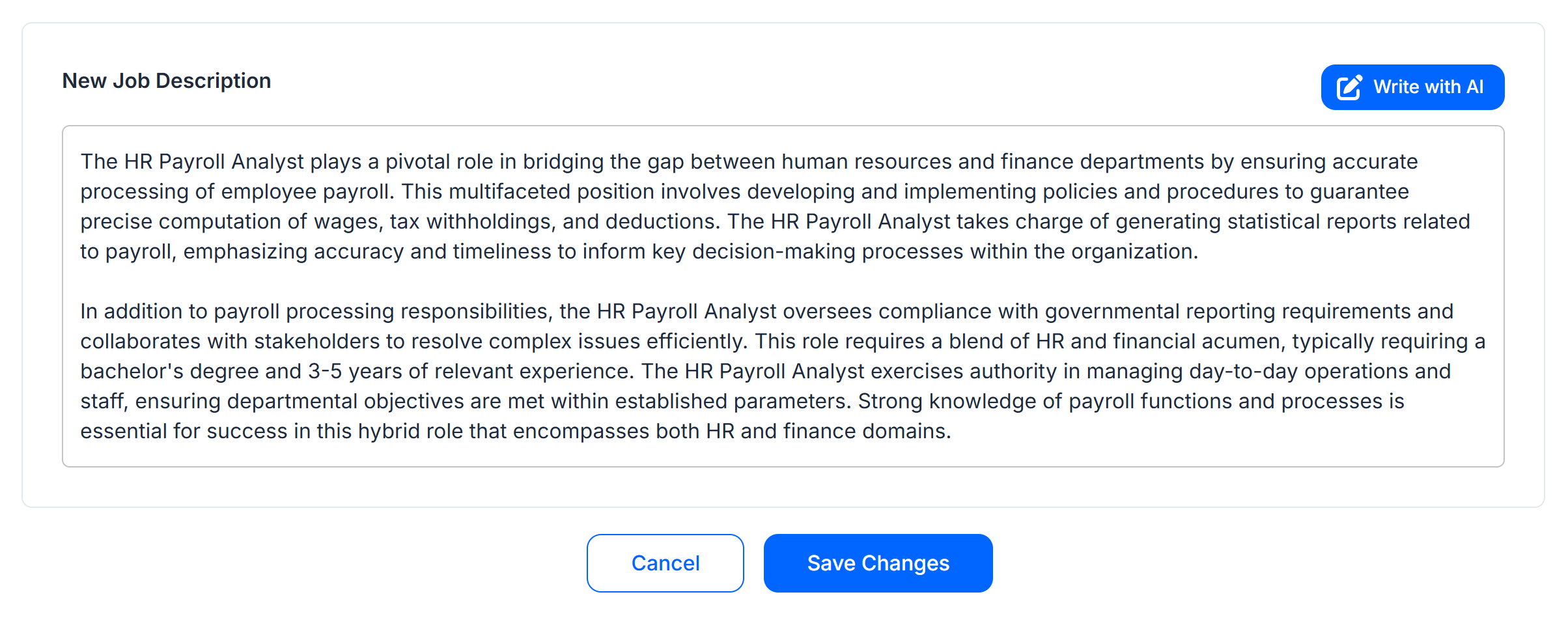 Screenshot of Write with AI — draft polished job descriptions inside SalaryCube