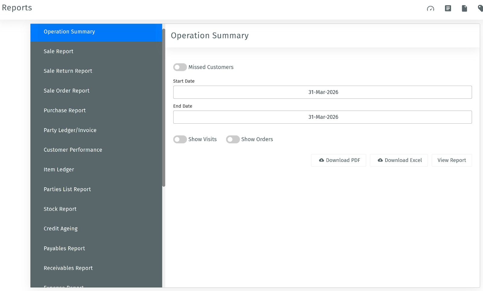 Screenshot of where to view and analyze all key business reports, including sales, customers, deliveries, collections, inventory, and operational summary reports.