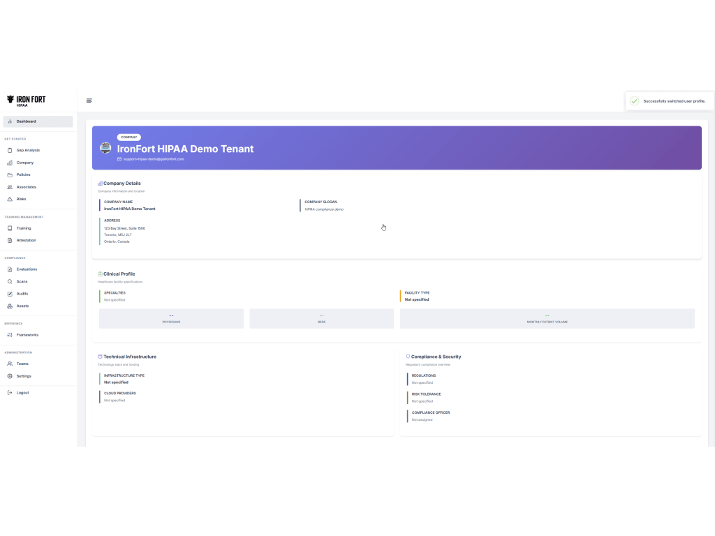 Screenshot of where Compliance teams establish their organization's clinical profile, technical infrastructure, and regulatory posture in one place — setting the foundation for automated HIPAA safeguard monitoring, risk assessments, and audit-ready documentation across the entire platform.