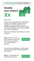 Screenshot of automated messaging that identifies eligible donors and guides them through the matching gift process for their employer.