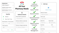 Screenshot of pharmacy needs taken care of in the app: track expiring medicines, manage purchase schemes, add prescription & delivery details, receive orders, generate quotes & digital invoices instantly, and edit item cards.