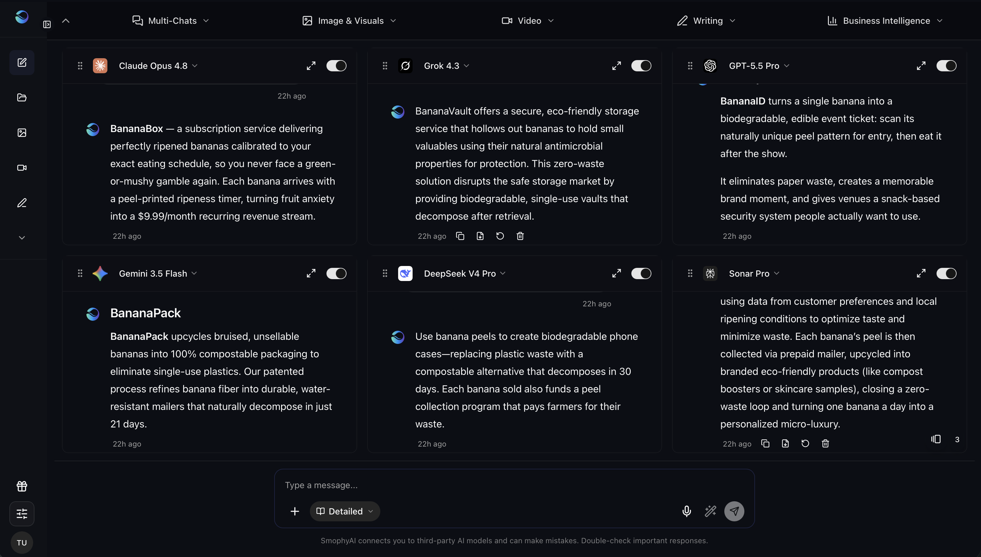 Screenshot of SmophyAI comparing six AI models side by side (ChatGPT, Claude, Gemini, Grok, Perplexity, DeepSeek)