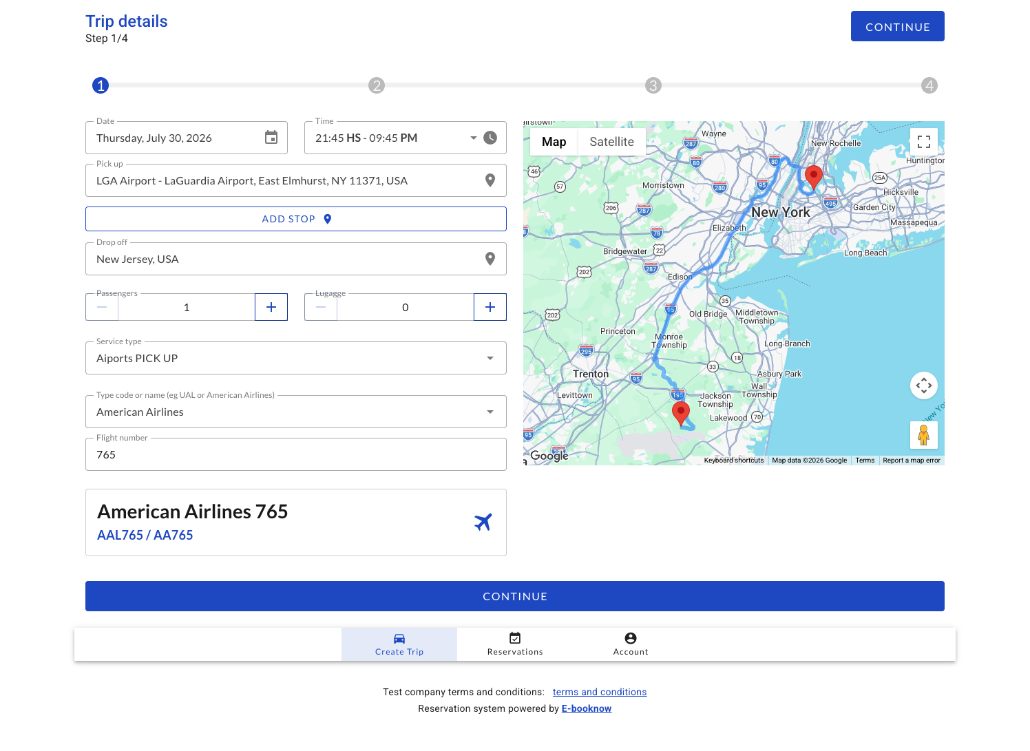 Screenshot of The E-Booknow Web Booking Widget turns a limousine or private car service website into a complete online booking channel. Passengers can select trip date and time, search pickup and drop-off addresses with Google Maps, add stops and waiting time, choose service and vehicle types, enter passenger and luggage details, add flight information, select extras and promotional codes, and review real-time pricing before checkout. The widget also supports customer accounts, saved payment methods, reservation editing and secure payments. Integrated directly with E-Booknow’s limo booking software and limo reservation software, it uses the operator’s configured rates, vehicles, service areas and company branding while sending reservations into the same scheduling and dispatch workflow used by staff and drivers.