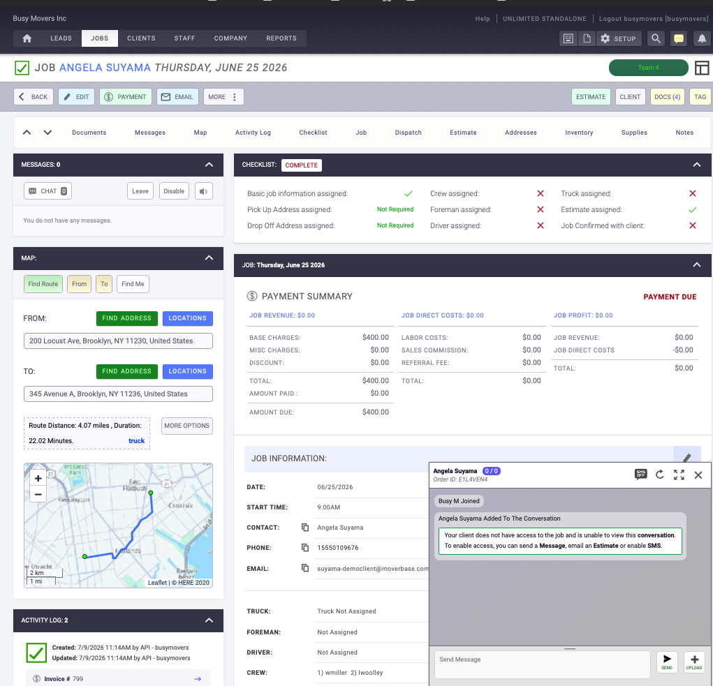 Screenshot of Detailed Job and Order for Service Pages with mapping and chat features.