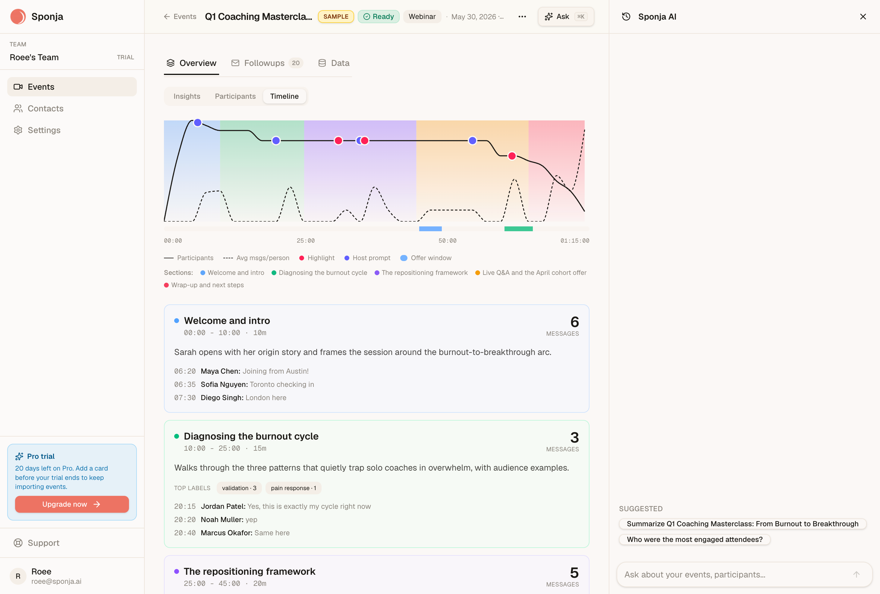 Screenshot of Event timeline of engagement by section, with chat highlights and host prompts