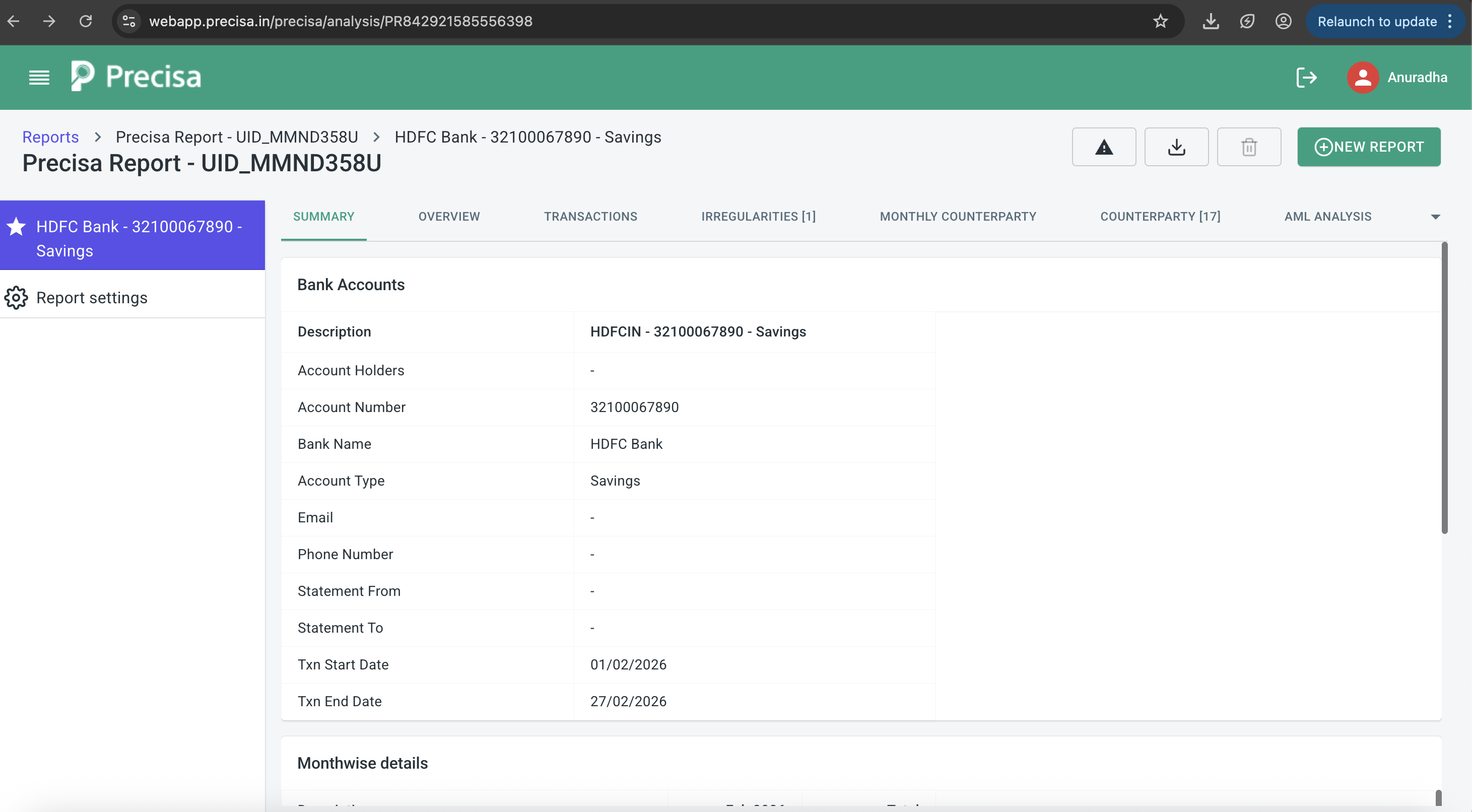Screenshot of Transaction level information