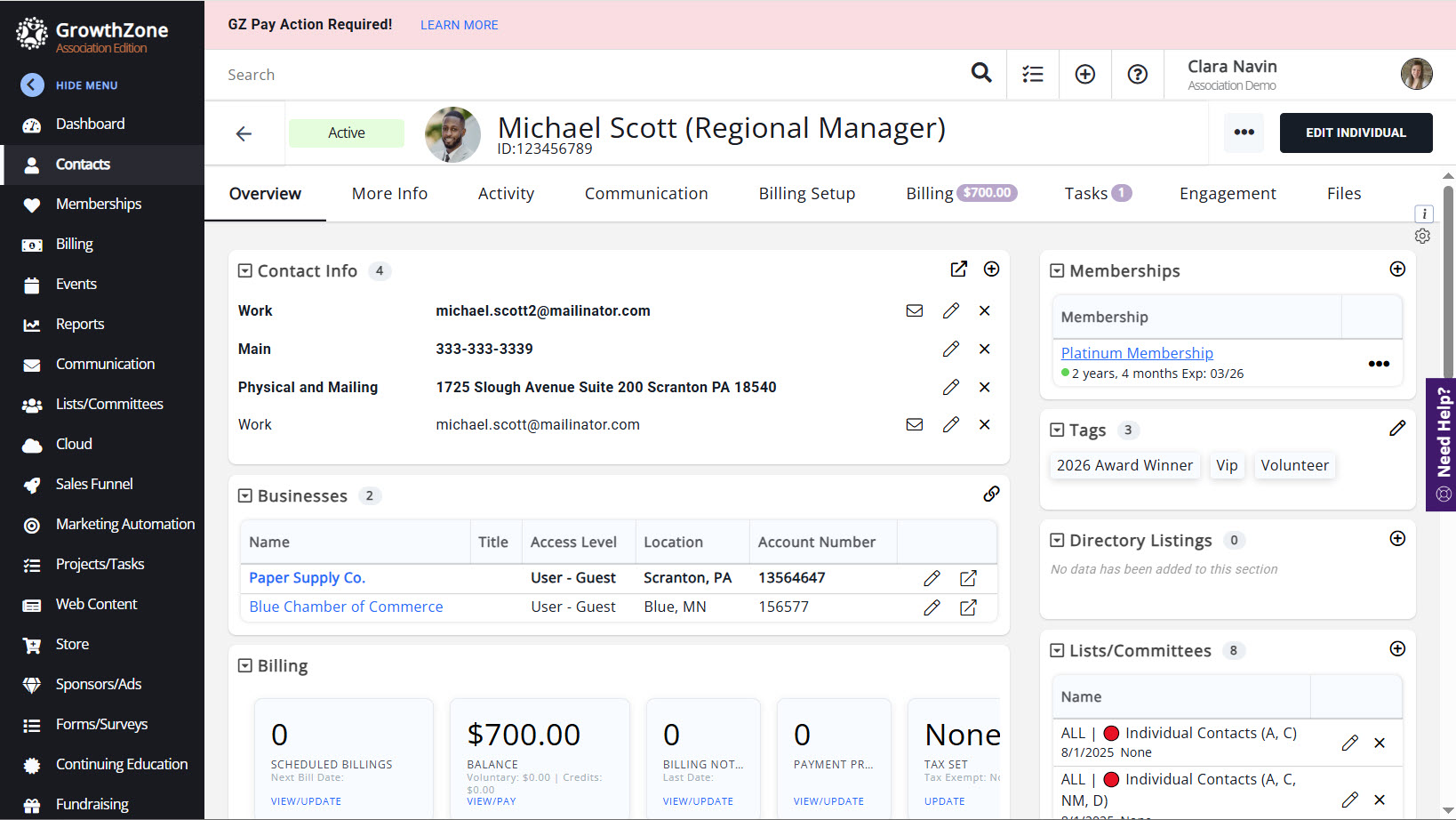 Screenshot of a GrowthZone Contact Profile