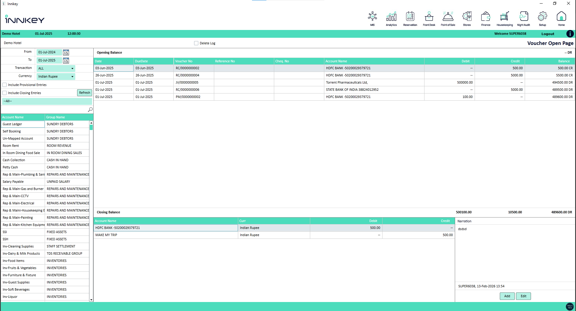 Screenshot of where to manage vouchers, ledgers, transactions, and account balances from one unified finance module.
