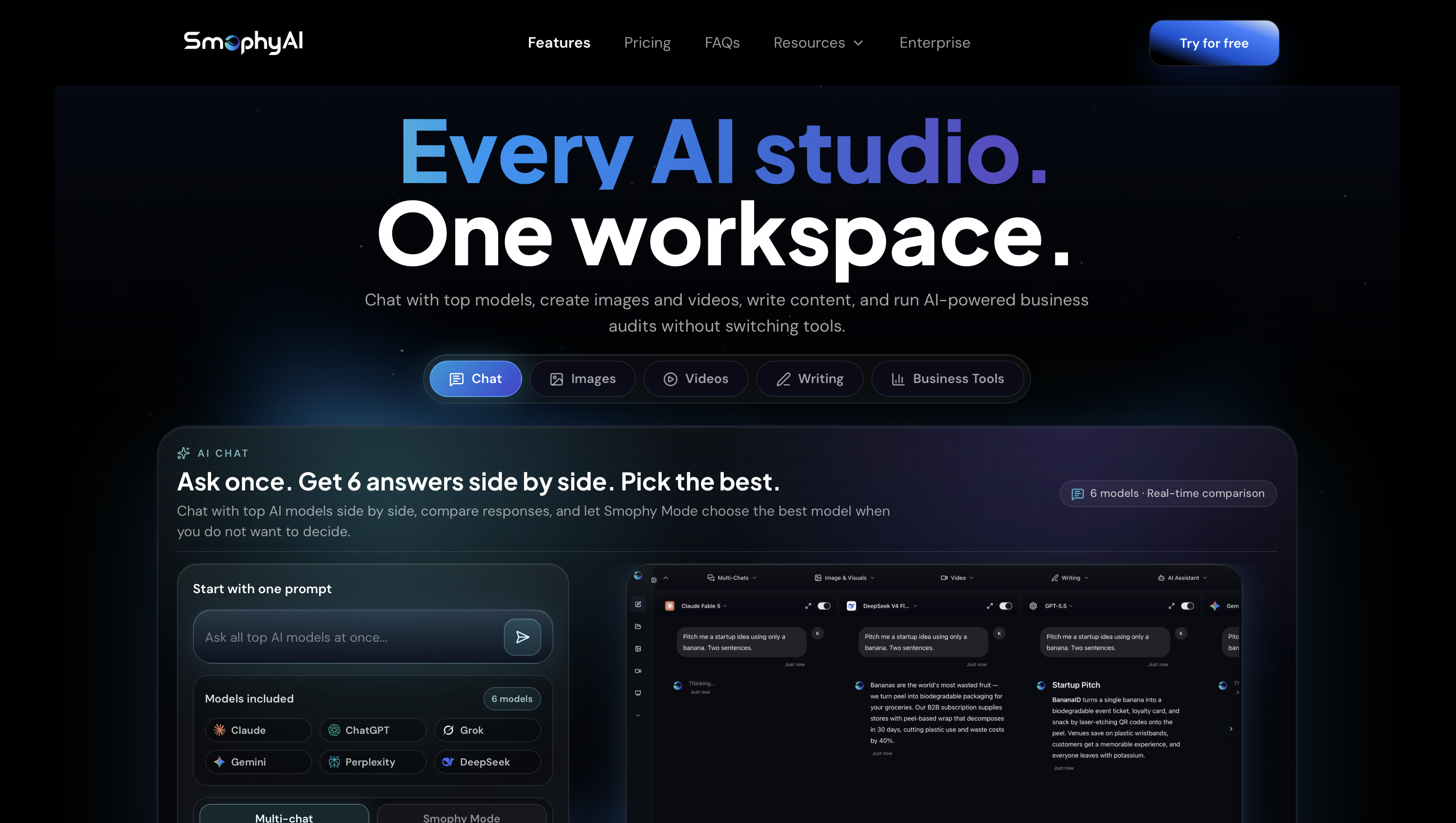 Screenshot of SmophyAI workspace: eight AI models and five studios in one platform