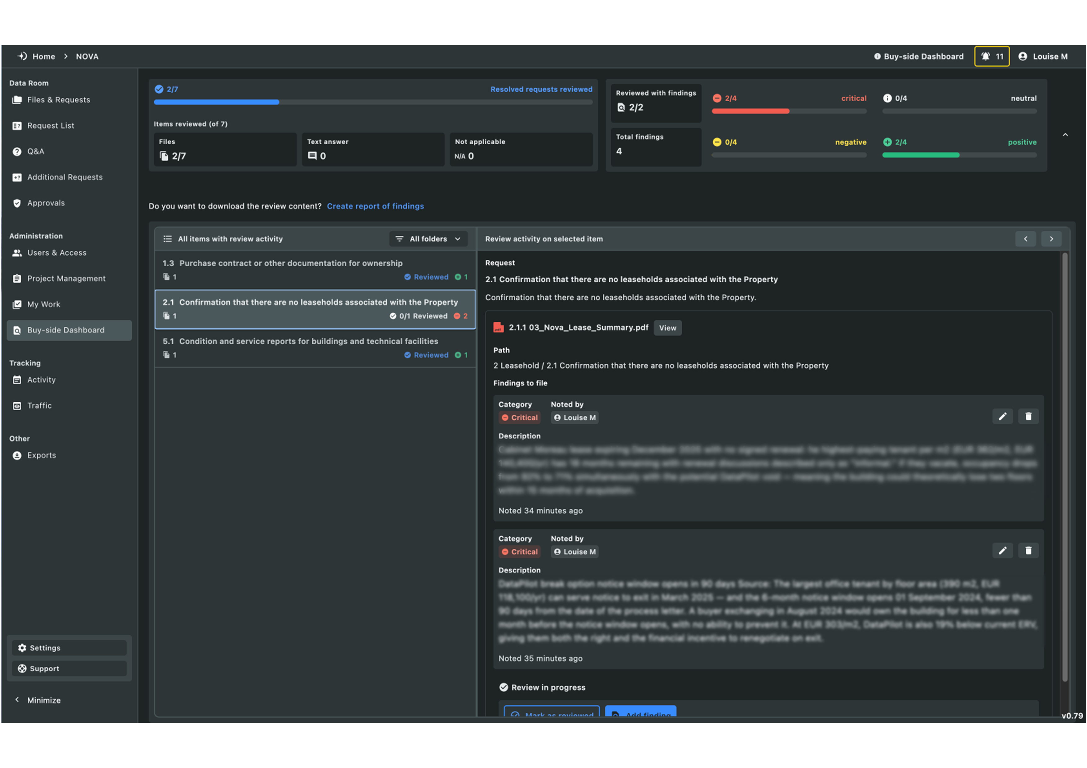Screenshot of In-platform due diligence reporting with real-time finding categorisation. Eliminates the need to manage DD findings in separate spreadsheets or word processors.