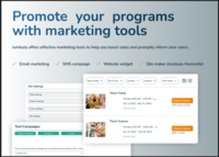 Screenshot of Jumbula's marketing tools, including:
✅ Email marketing
✅ SMS campaign
✅ Website widget
✅ Site maker (Jumbuta Homesite)