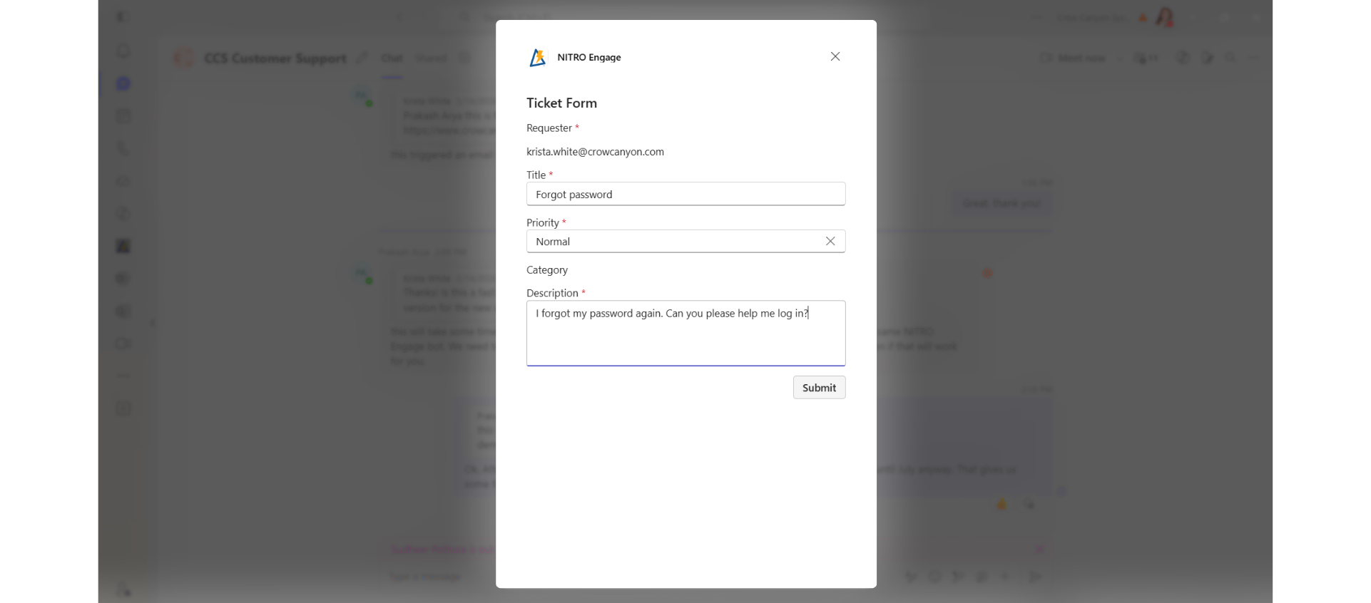 Screenshot of NITRO Help Desk for IT- Submit Tickets directly from Teams