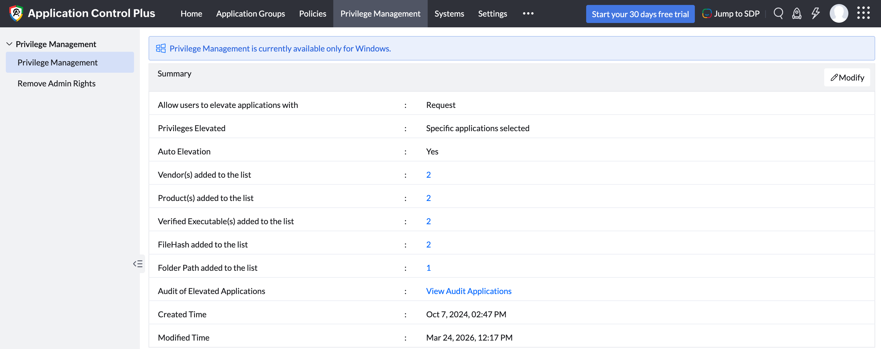 Screenshot of Endpoint Privilege Management