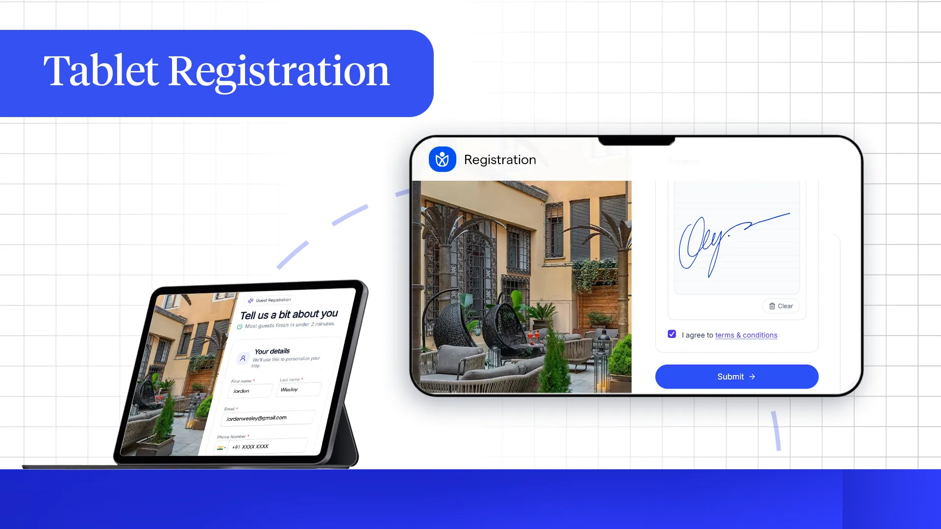 Screenshot of Guestara turns a tablet or lobby terminal into a self-service check-in station. Guests scan their ID, complete registration, and provide a signature without waiting at the front desk. AI extracts and verifies the ID details and syncs them to the property's PMS, completing check-in in about 30 seconds and reducing front desk queues at peak arrival times.