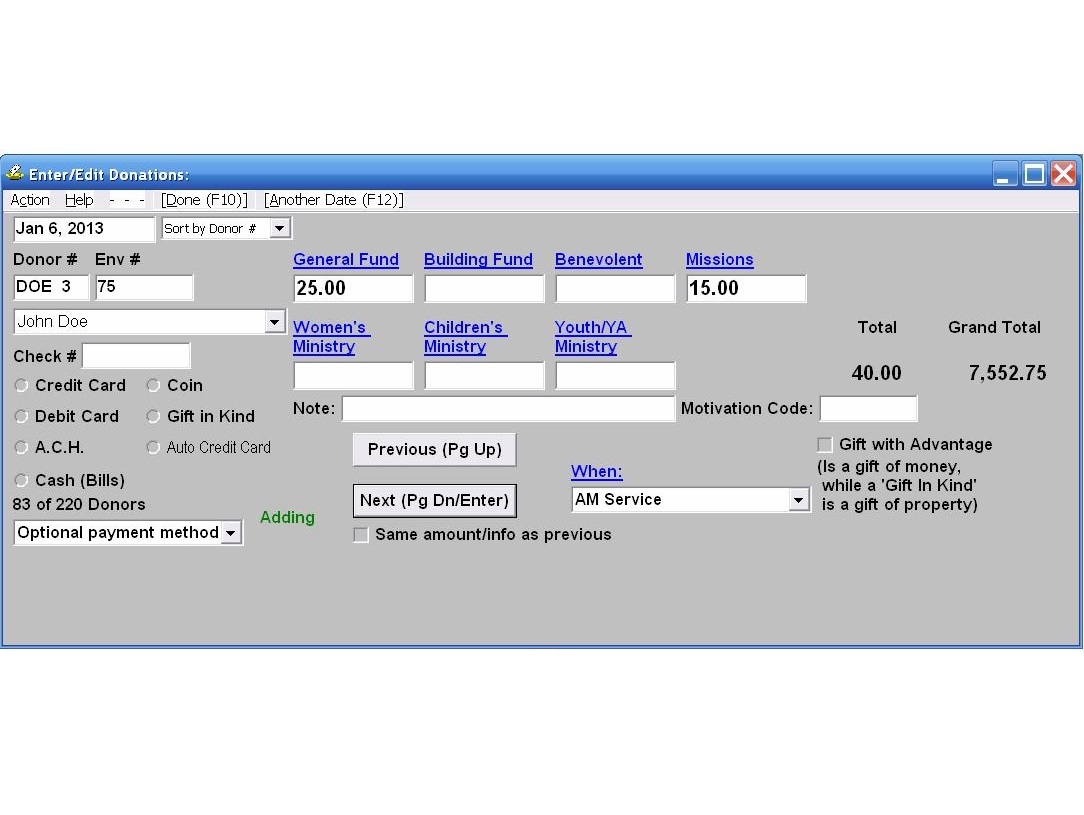 Screenshot of Donations entry window