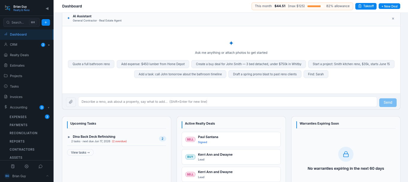Screenshot of Dashboard with metrics and AI assistant.