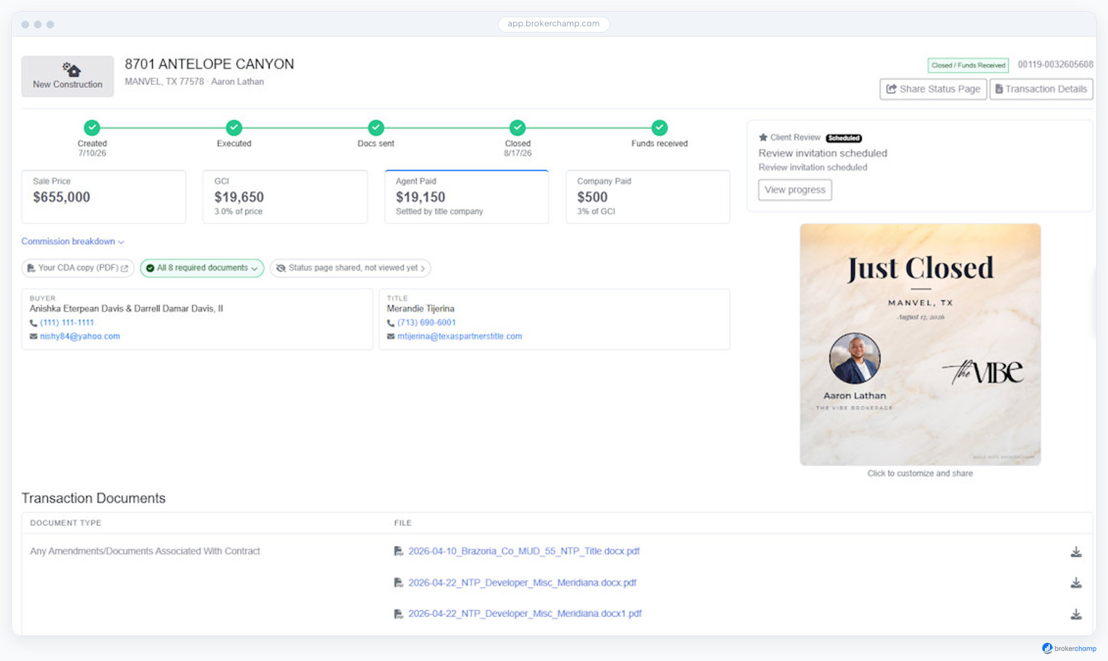 Screenshot of A closed deal: timeline, commission, documents, and co-op status page.
