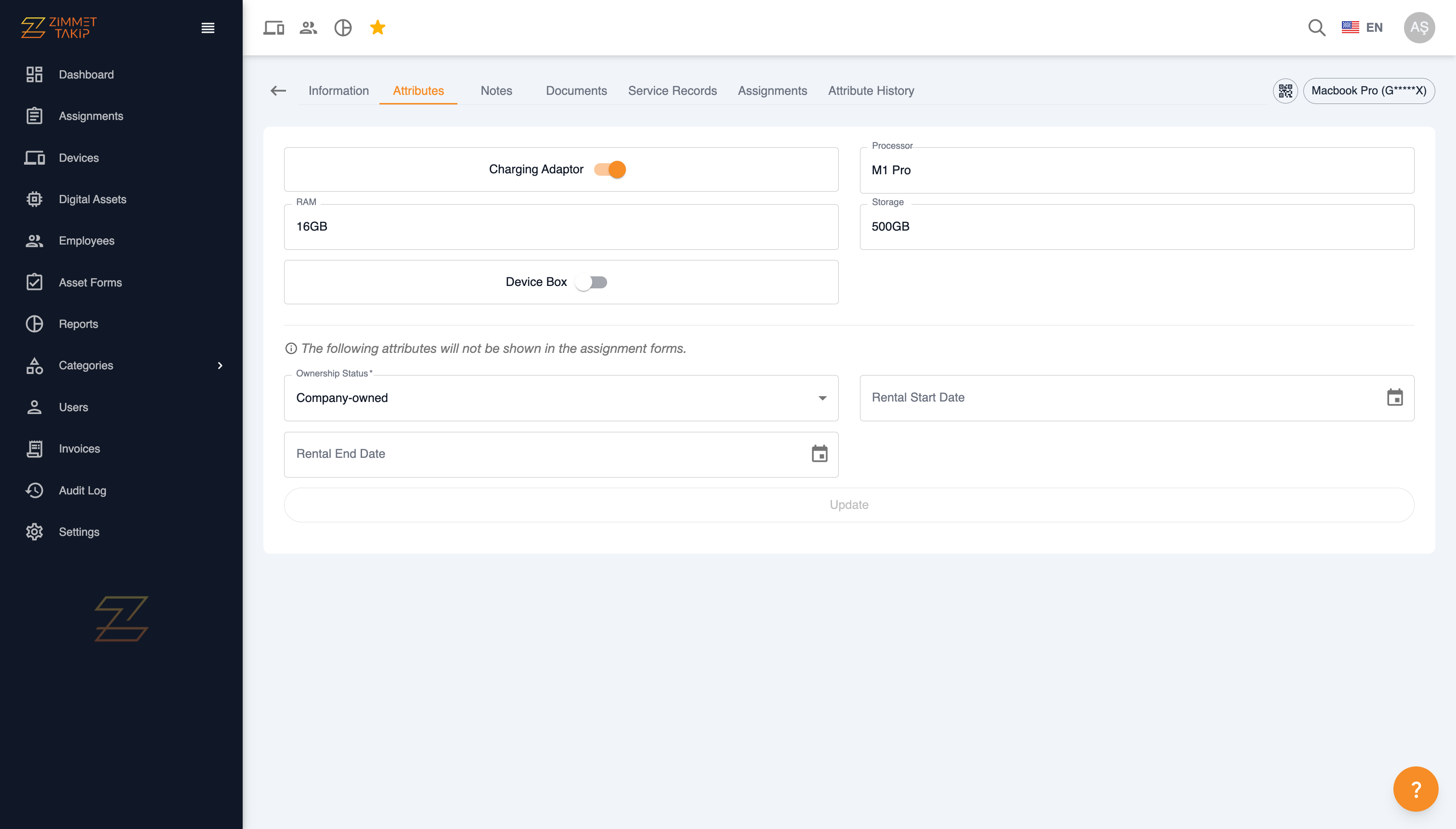 Screenshot of Zimmet Takip device attributes tab