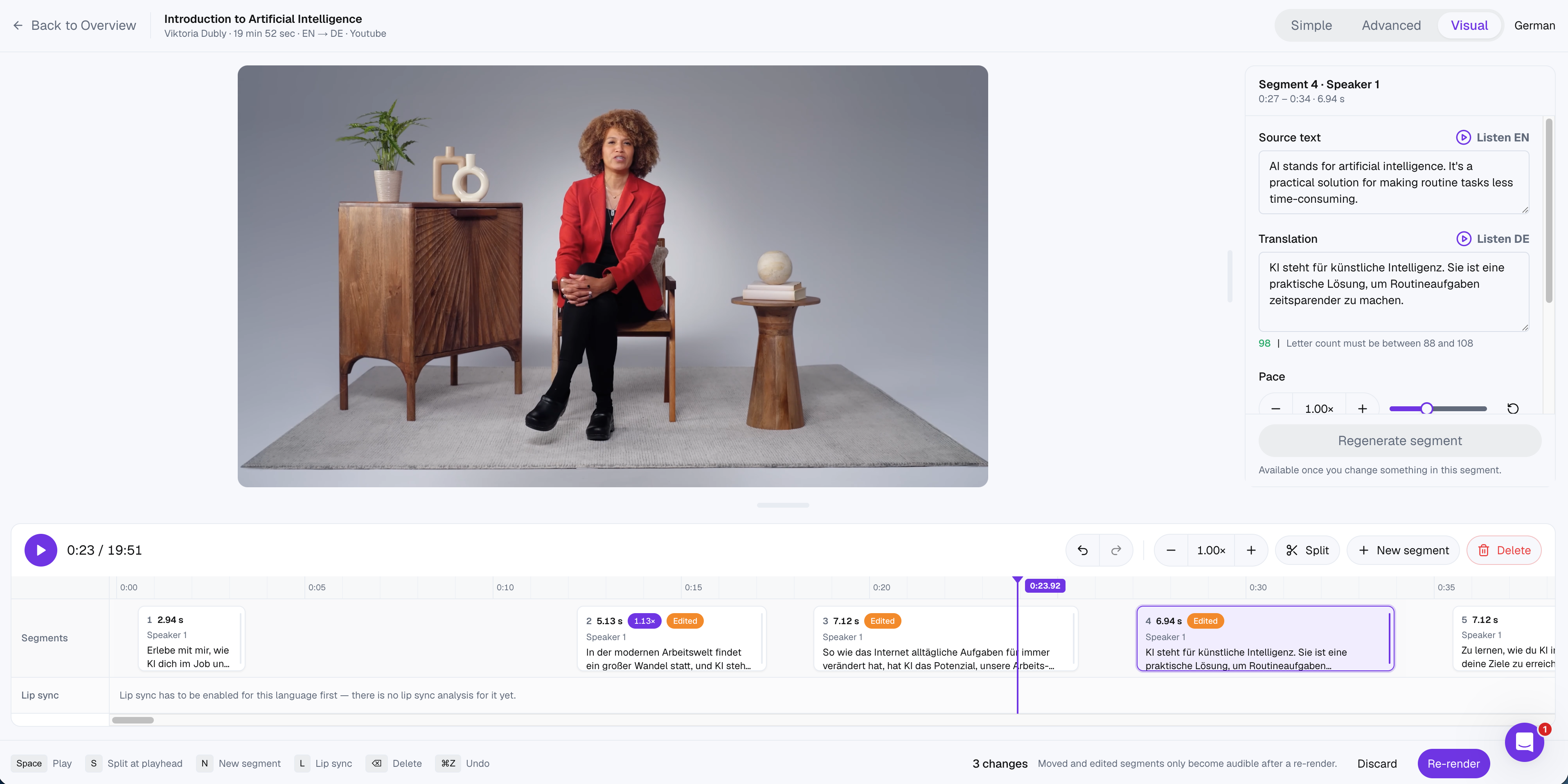 Screenshot of The visual editor: review the translated video and adjust individual segments before the final file is rendered.