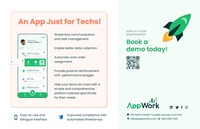 Screenshot of AppWork's dedicated app for technicians, that enhances communication, task management, and data collection. Features include automated work order assignments, performance tracking, and a bilingual interface.
