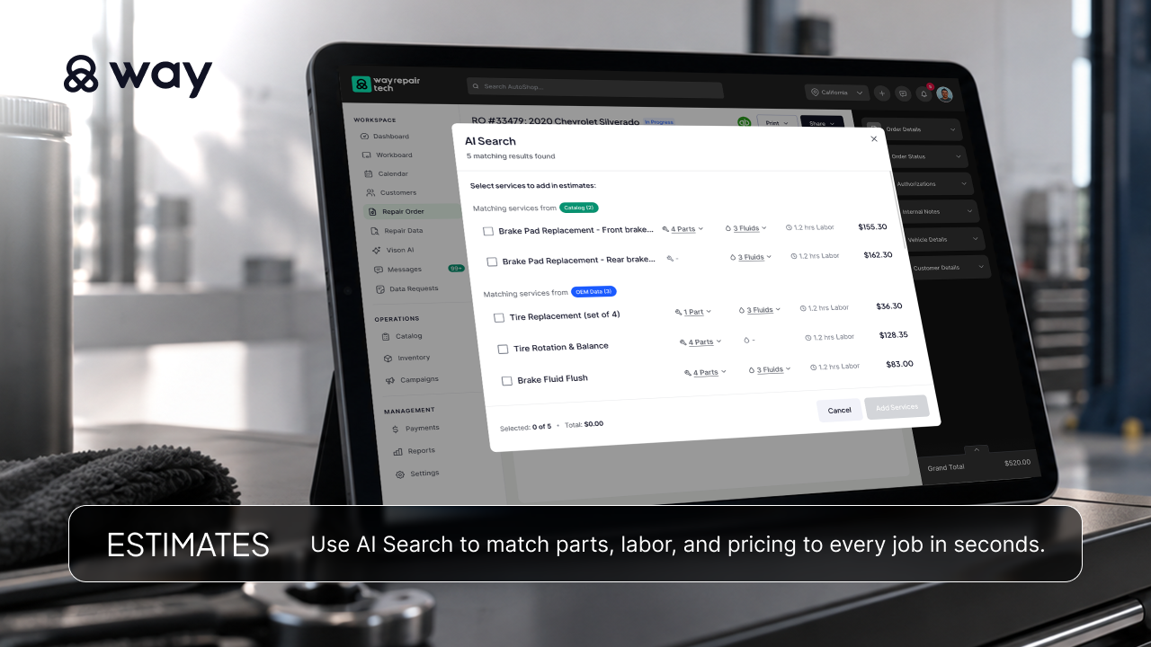 Screenshot of the AI Search tool used to match parts, labor, and pricing to jobs.