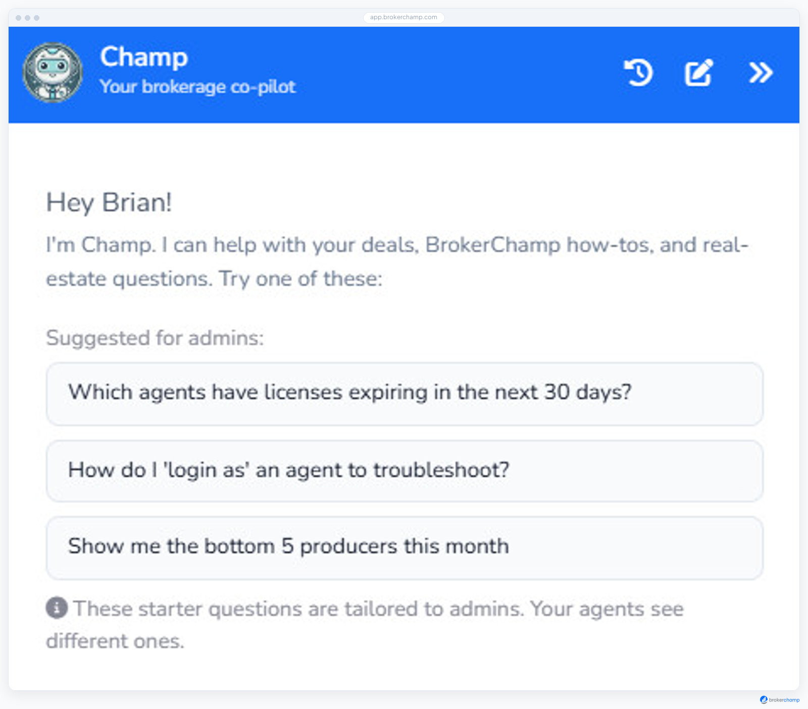 Screenshot of Champ AI answers questions from the brokerage's own live data.