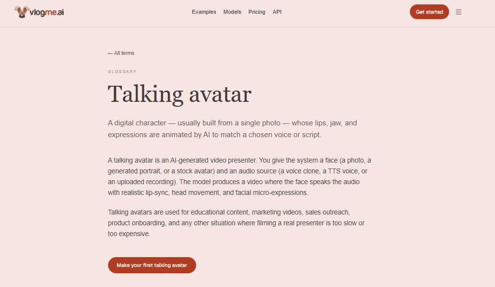 Screenshot of AI Avatar Generator page where users can create avatar-led videos from a portrait and script.