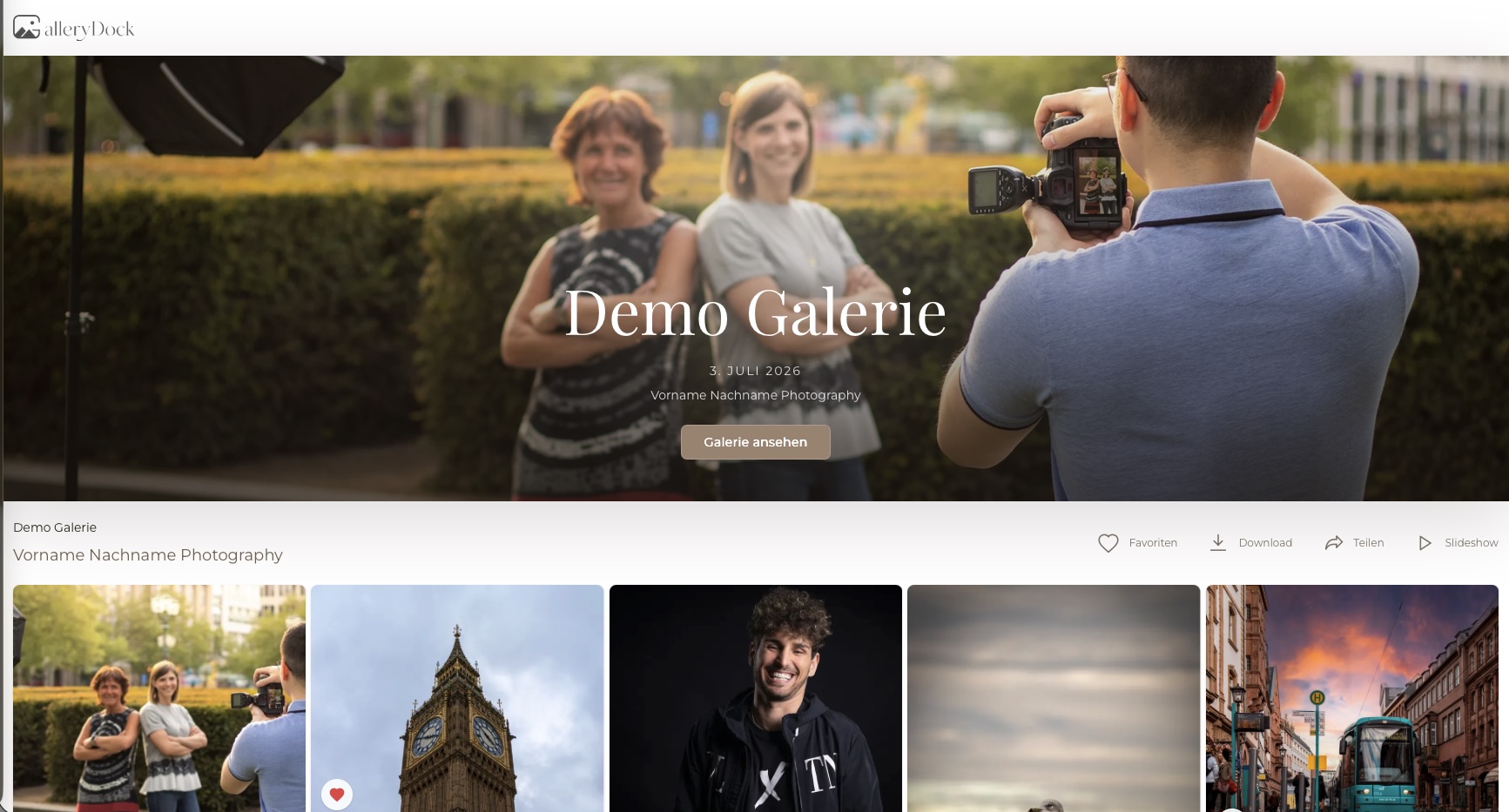 Screenshot of Branded GalleryDock client gallery for professional photo and video delivery with a clean, client-friendly viewing experience.