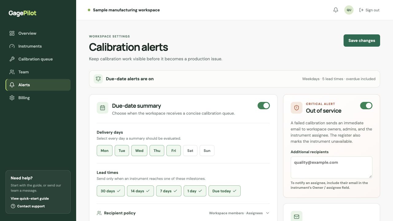 Screenshot of Sample workspace: weekday reminders, lead times and out-of-service alerts.