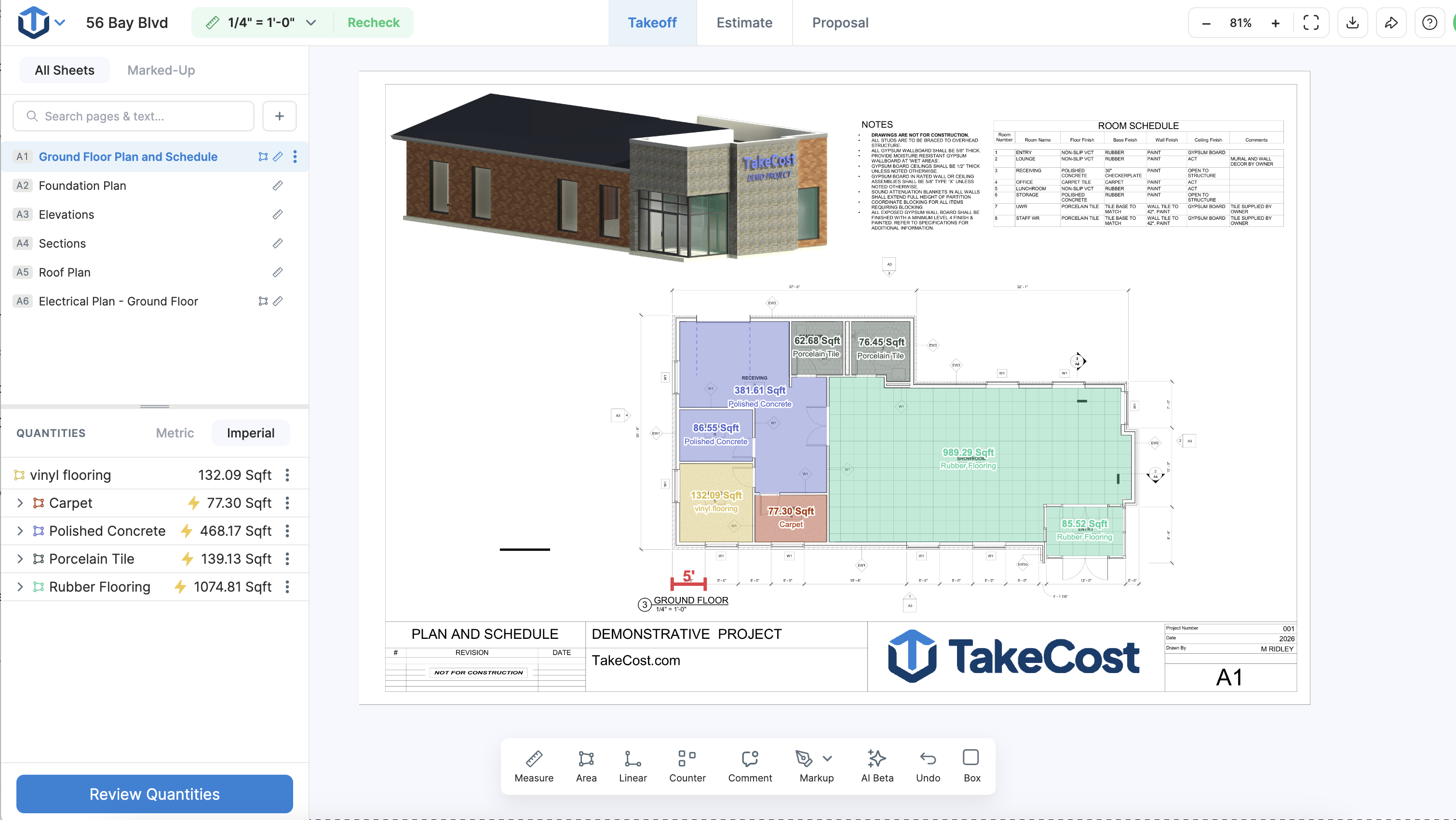 Screenshot of TakeCost's digital takeoff workspace, which displays a PDF construction plan with color-coded area measurements, quantity tracking, project sheet navigation, and an integrated workflow that connects takeoffs, estimates, and proposals within a single cloud-based platform.