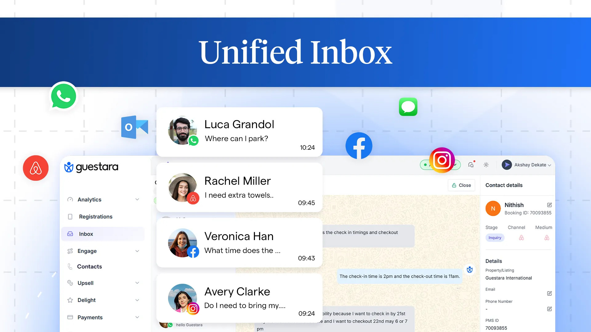 Screenshot of Guestara's unified inbox brings guest conversations from WhatsApp, email, SMS, and social channels into one shared view, so any team member can see the full history and respond without switching tools. Messages can be assigned, and a 24/7 AI chatbot handles routine guest questions and escalates to staff when needed.