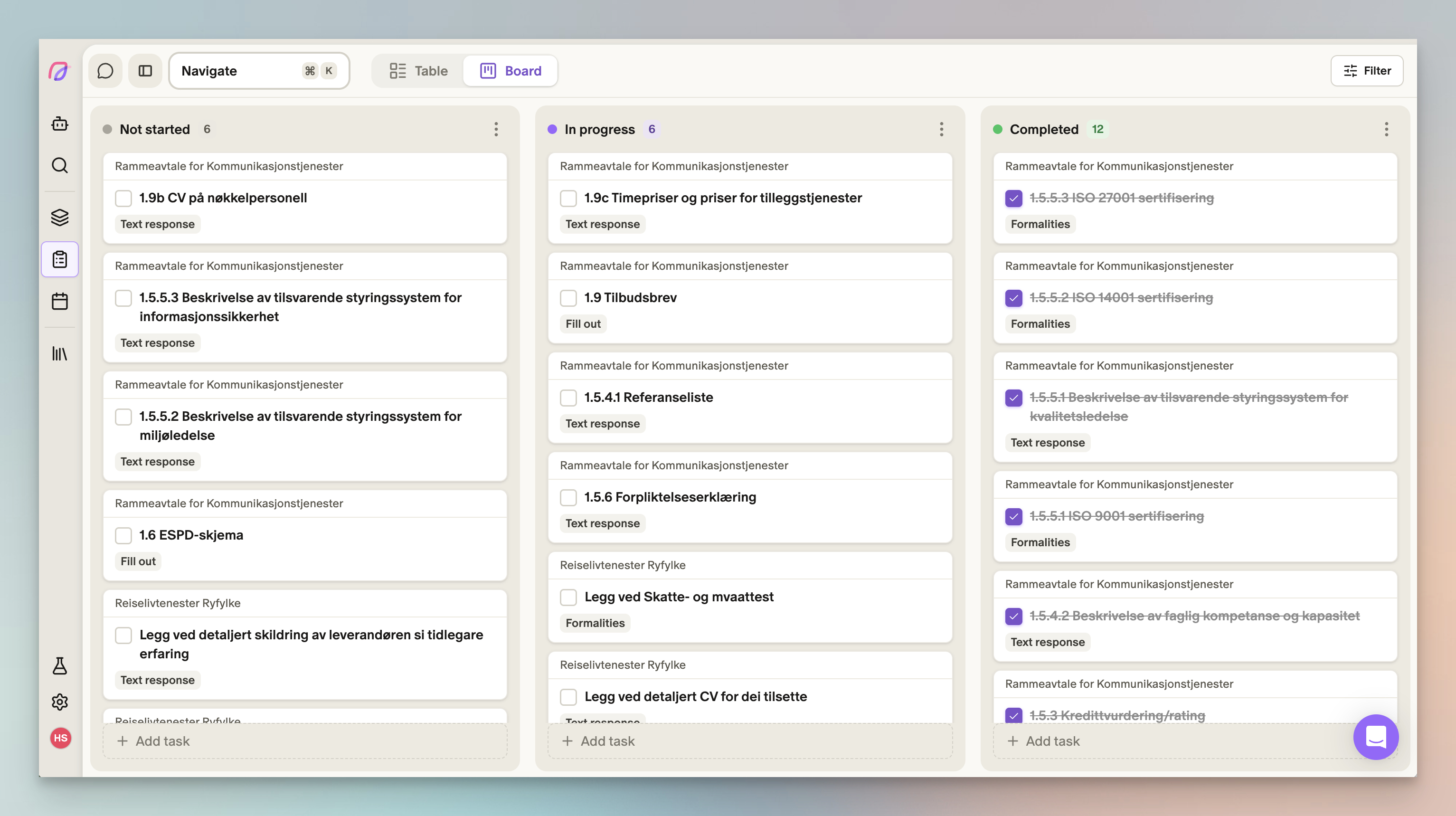 Screenshot of where Cobrief breaks down each tender into tasks and track progress on a kanban board. See what's not started, in progress, and completed at a glance.