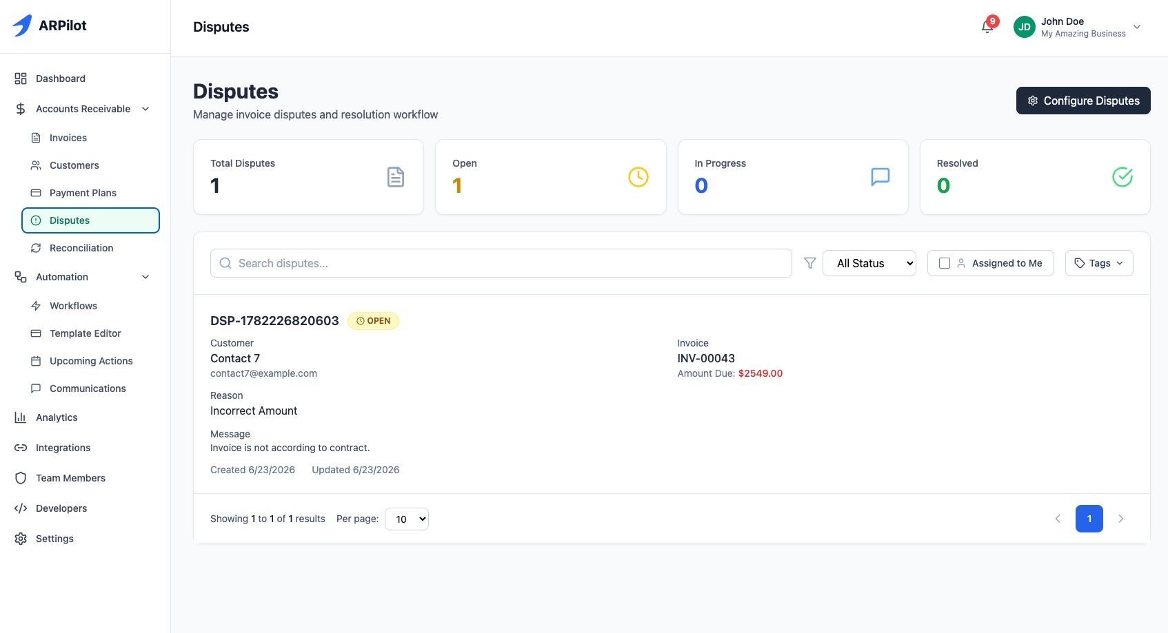 Screenshot of Invoice Disputes
