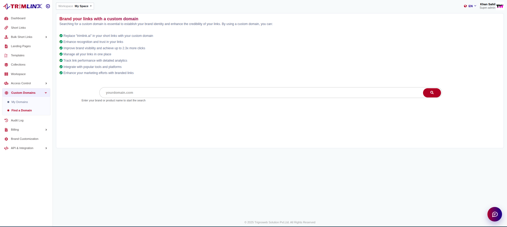 Screenshot of Trimlink branded domain screen showcases custom domain search, link branding, enhanced recognition, analytics, and marketing integration features.