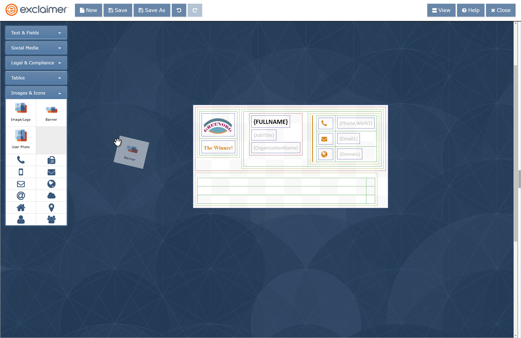 Screenshot of Effortlessly drag-and-drop signature elements onto your Gmail signature design.
