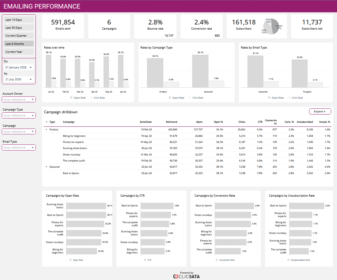 Screenshot of a Marketing Email Campaigns dashboard example