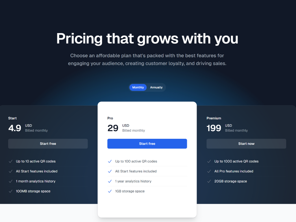 Screenshot of QR Code pricing